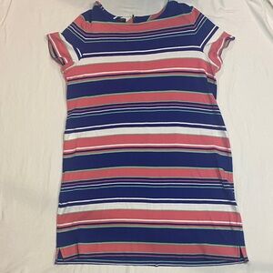Striped Short Sleeve Knit Dress in Navy, Coral & White